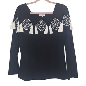 Way Black Square Neck Long Sleeve Embellished Tassel Top Shirt Women's Size 12‎